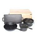 Pre-seasoned Cast iron set Camping with Wooden Storage Crate